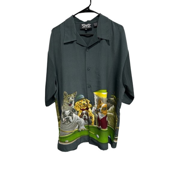 Dragonfly Dogs Playing Billiards Button Front Shirt Gray Green Sz XXL Novelty - Picture 1 of 10
